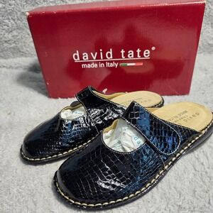 David Tate Black Croc Embossed Leather Mules Clogs‎ Made in Italy EU 37 US  NEW